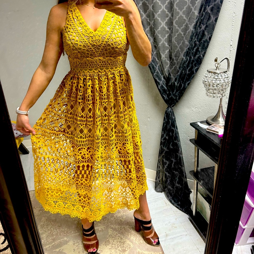 Lulu’s mustard lace overlay dress